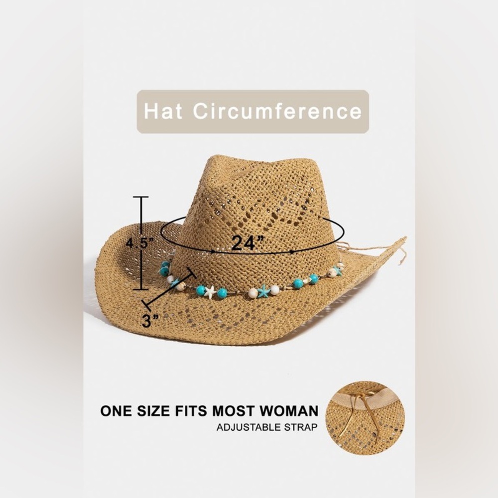 Fame Turquoise and Shell Star Beads Strap Western Straw Hat - Picture 6 of 6